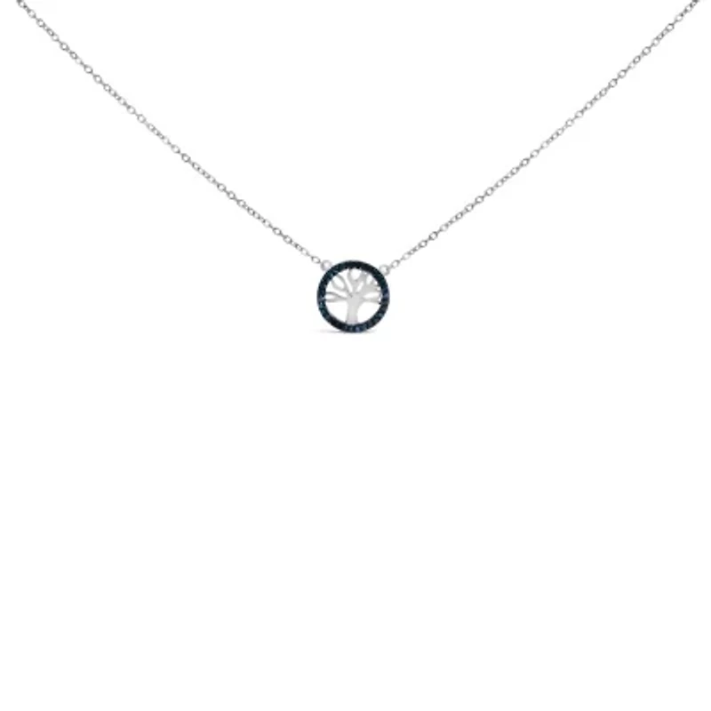 Silver 1/6 Cttw Blue Diamond Tree of Life and Circle 18" Pendant Necklace