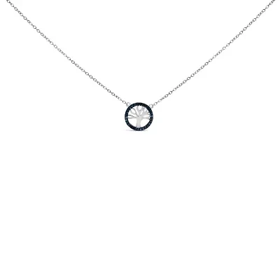 Silver 1/6 Cttw Blue Diamond Tree of Life and Circle 18" Pendant Necklace