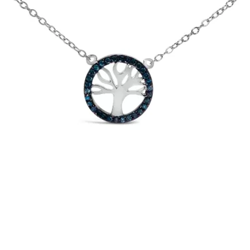 Silver 1/6 Cttw Blue Diamond Tree of Life and Circle 18" Pendant Necklace