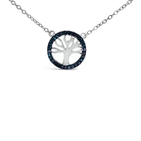 Silver 1/6 Cttw Blue Diamond Tree of Life and Circle 18" Pendant Necklace