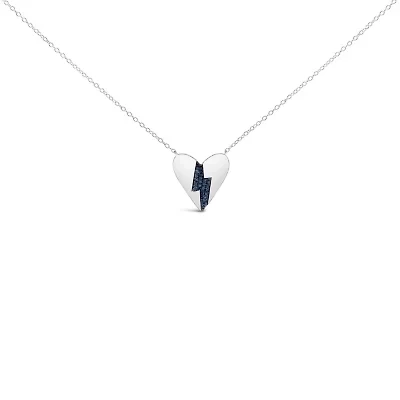 .925 Sterling Silver Blue Diamond Broken Heart Pendant Necklace - 18" Inches