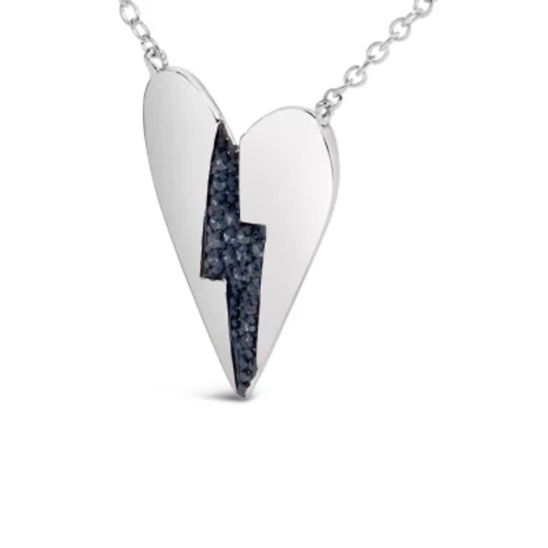.925 Sterling Silver Blue Diamond Broken Heart Pendant Necklace - 18" Inches