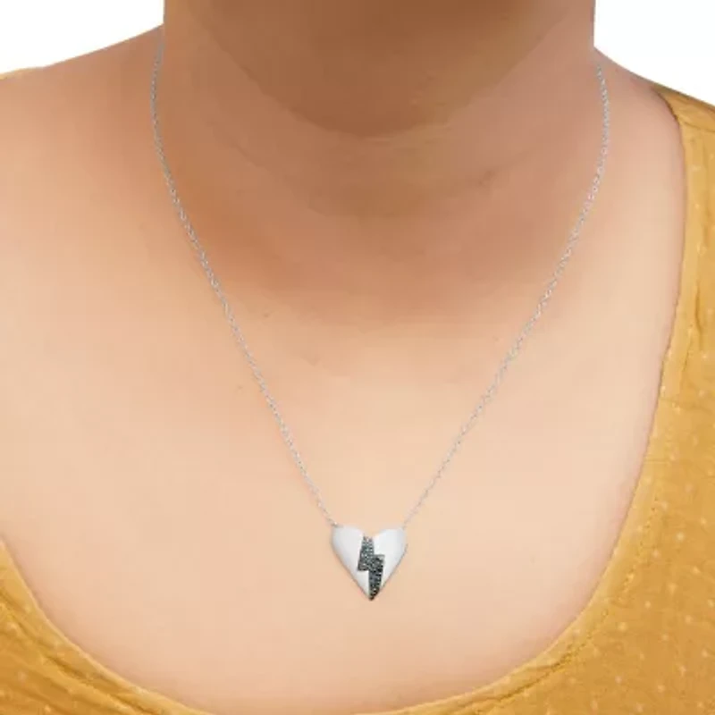 .925 Sterling Silver Blue Diamond Broken Heart Pendant Necklace - 18" Inches