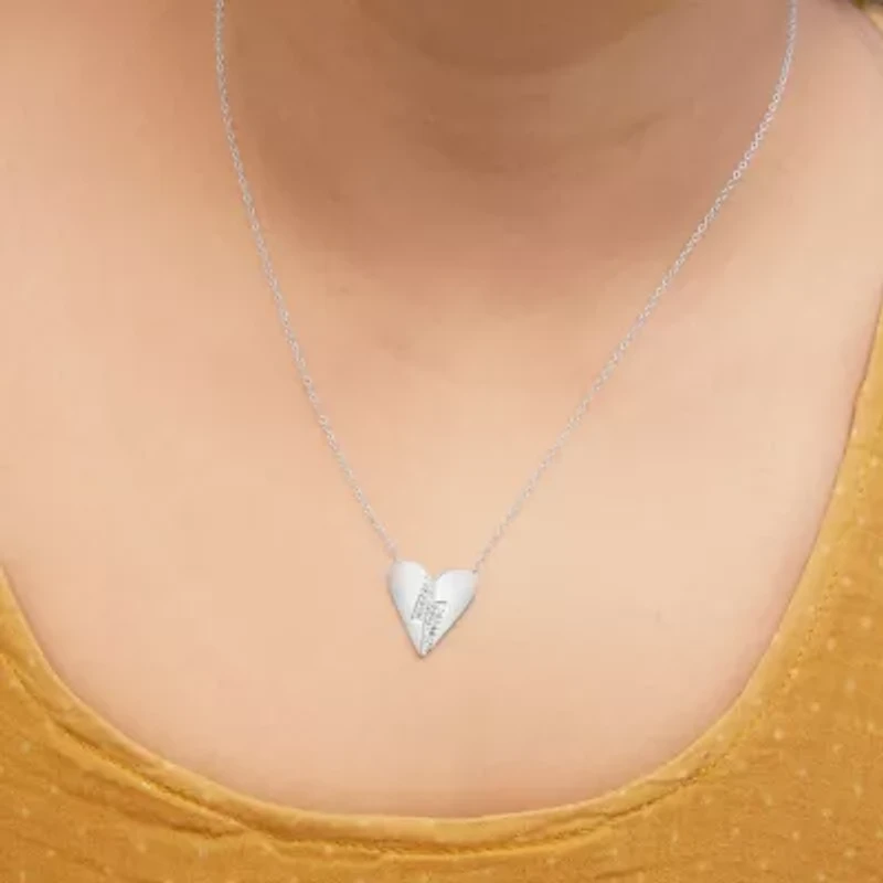 .925 Sterling Silver Diamond Broken Heart Pendant Necklace - 18" Inches