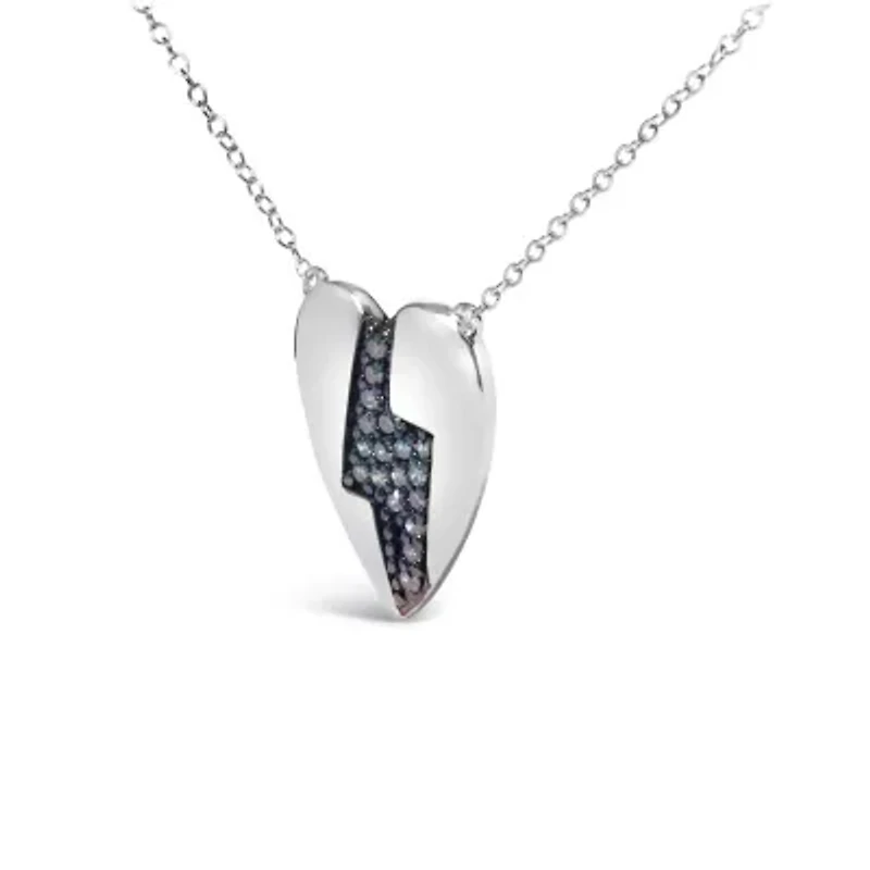 925 Sterling Silver 1/3 Blue Diamond Heart and Lightning Bolt Pendant Necklace