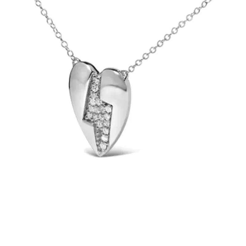 925 Sterling Silver 1/3 Diamond Heart and Lightning Bolt Pendant Necklace - Inches