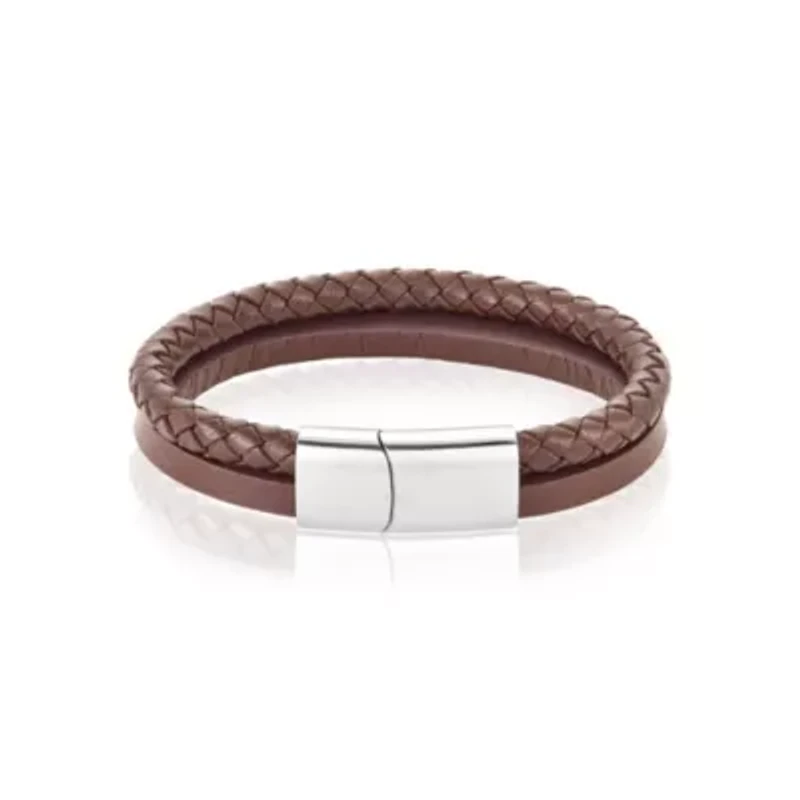 Men's Tarnish Resistant Rhodium Plated Magnetic Brown Leather Bracelet