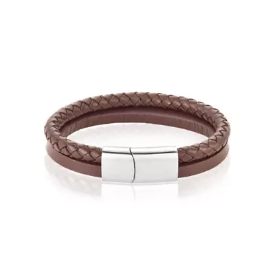 Men's Tarnish Resistant Rhodium Plated Magnetic Brown Leather Bracelet