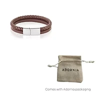 Men's Tarnish Resistant Rhodium Plated Magnetic Brown Leather Bracelet