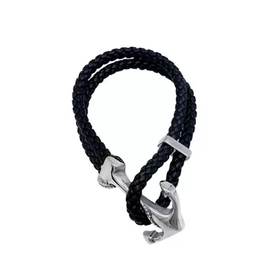 Men's Tarnish Resistant Rhodium Plated Leather and Anchor Hook Bracelet