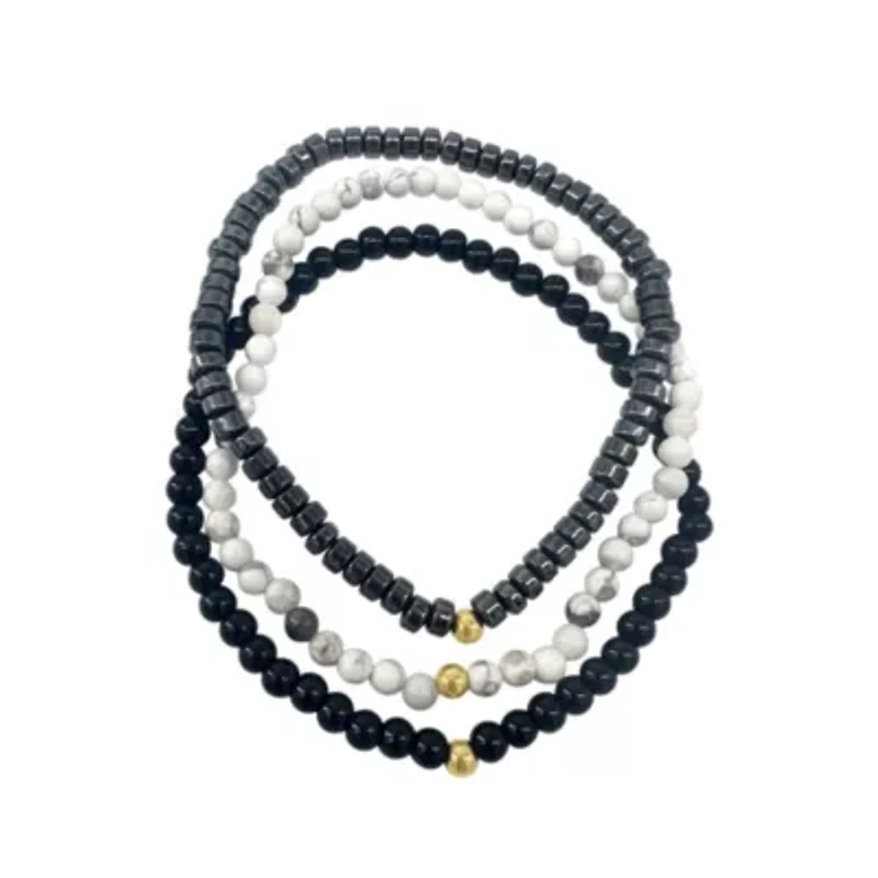 Triple Stretch Bead Bracelet Set white black silver