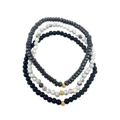 Triple Stretch Bead Bracelet Set white black silver