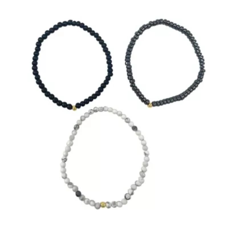 Triple Stretch Bead Bracelet Set white black silver