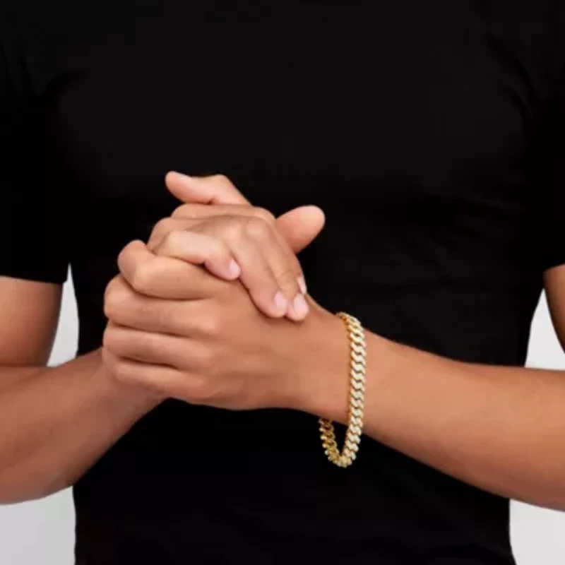 Men's 14k Gold Plated 10mm Cuban Edge Chain Bracelet with CZ