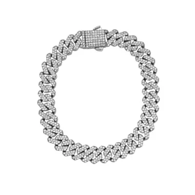 Men's Rhodium Plated 10mm Cuban Edge Chain Bracelet with CZ