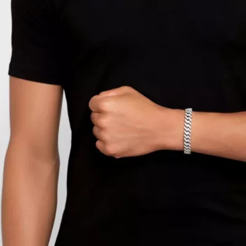 Men's Rhodium Plated 10mm Cuban Edge Chain Bracelet with CZ