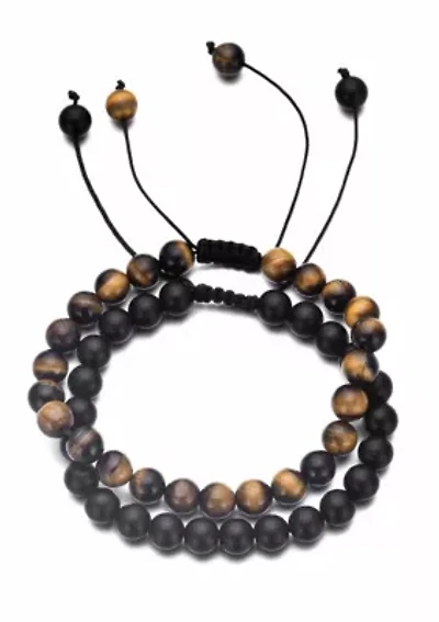 Adjustable Men's Black and Tiger's Eye Bracelet Set