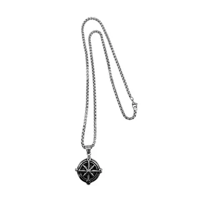 Men's Tarnish Resistant Rhodium Plated Compass Chain Necklace