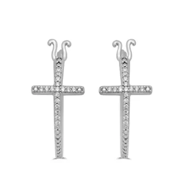 Womens Diamond Cross Hoop Earring