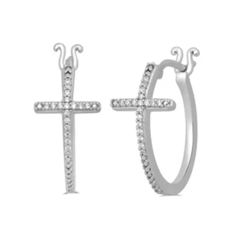 Womens Diamond Cross Hoop Earring