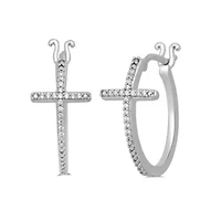 Womens Diamond Cross Hoop Earring