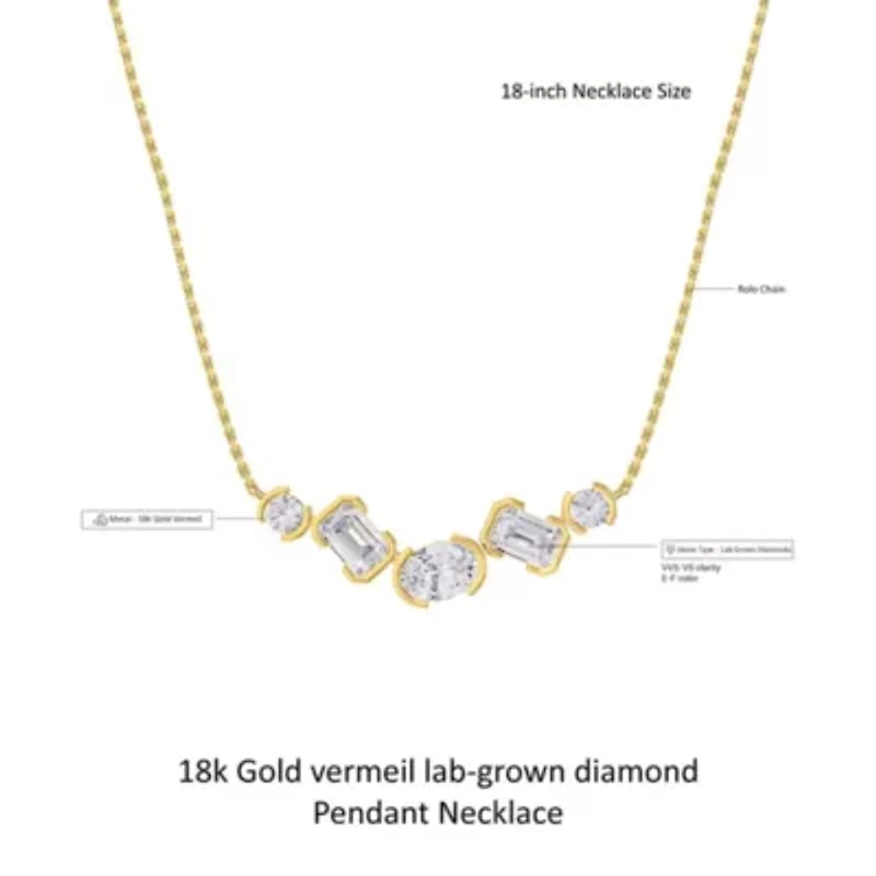 Lab Created 18k Vermeil Plated Silver 2.6 Ct Multi Shape Lab Grown Diamond Pendant Necklace 18"