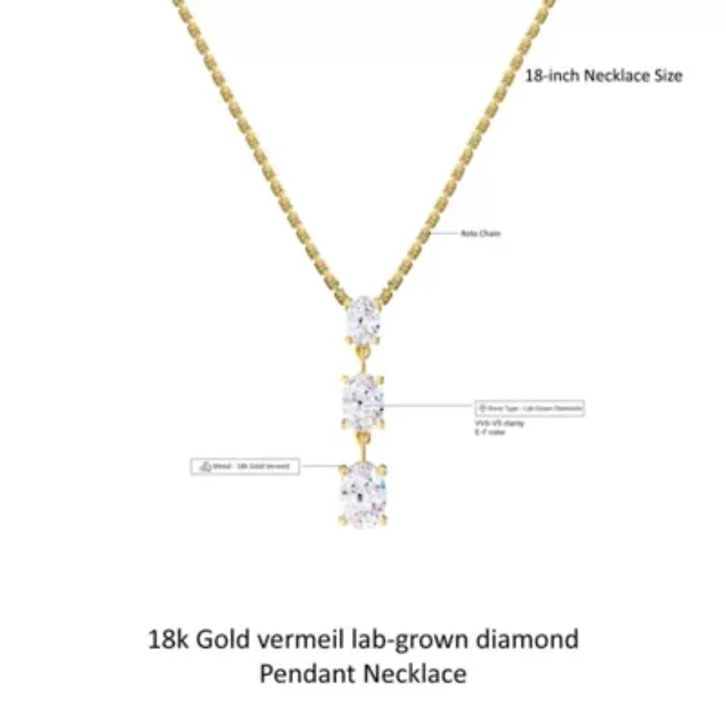 Lab Created 18k Vermeil Plated Silver 2.15 Ct Oval Cut Lab Grown Diamond Pendant Drop Necklace 18"