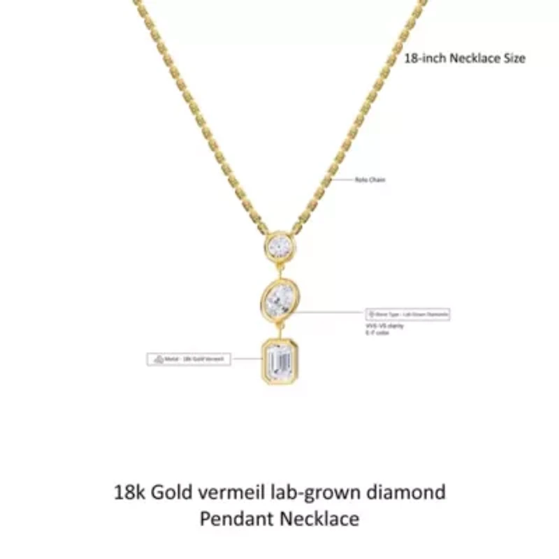 Lab Created 18k Vermeil Plated Silver 2.25 Ct Lab Grown Diamond Pendant Necklace 18"