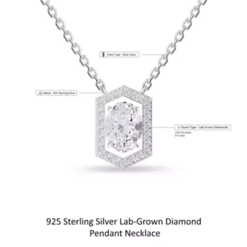 Lab Created Sterling Silver 2 ct Oval Cut Lab Grown Diamond Pendant Necklace 18"
