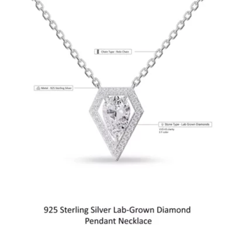 Lab Created Sterling Silver 1.5 ct Pear Cut Lab Grown Diamond Pendant Necklace 18"