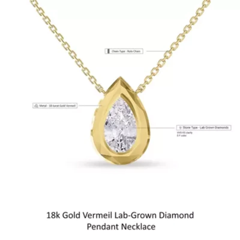 Lab Created 18k Vermeil Plated Silver 3 ct Pear Cut Lab Grown Diamond Pendant Necklace 18"