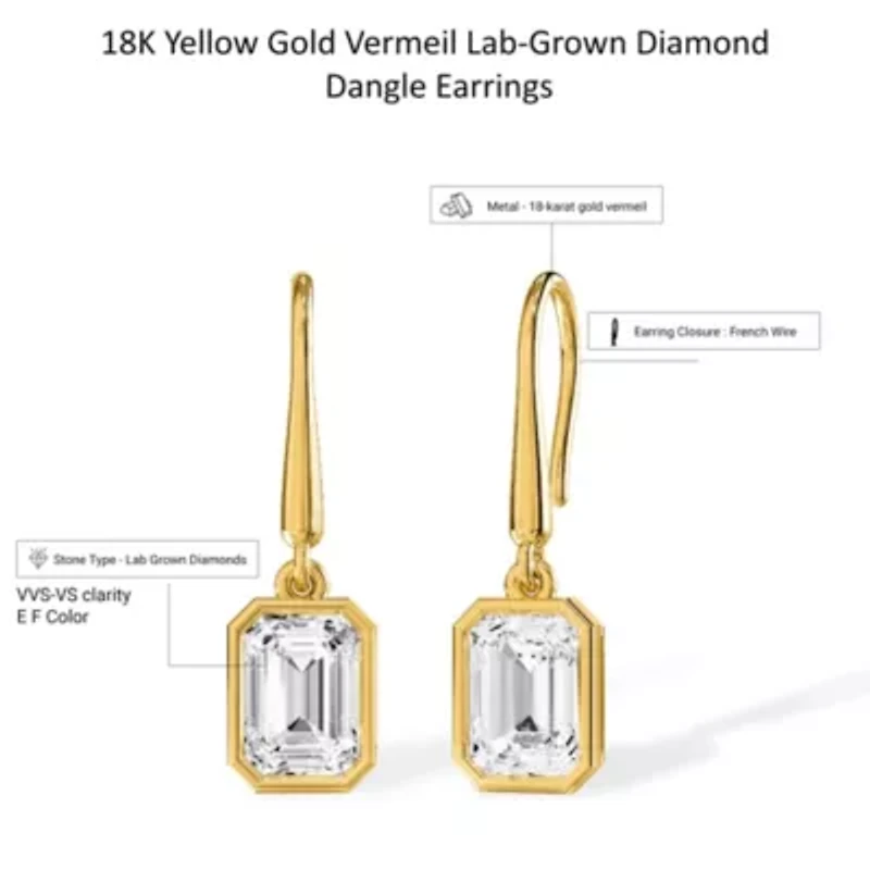 Lab Created 18k Vermeil Plated Silver 2.3 Ct Lab Grown Diamond Drop Dangle Earrings