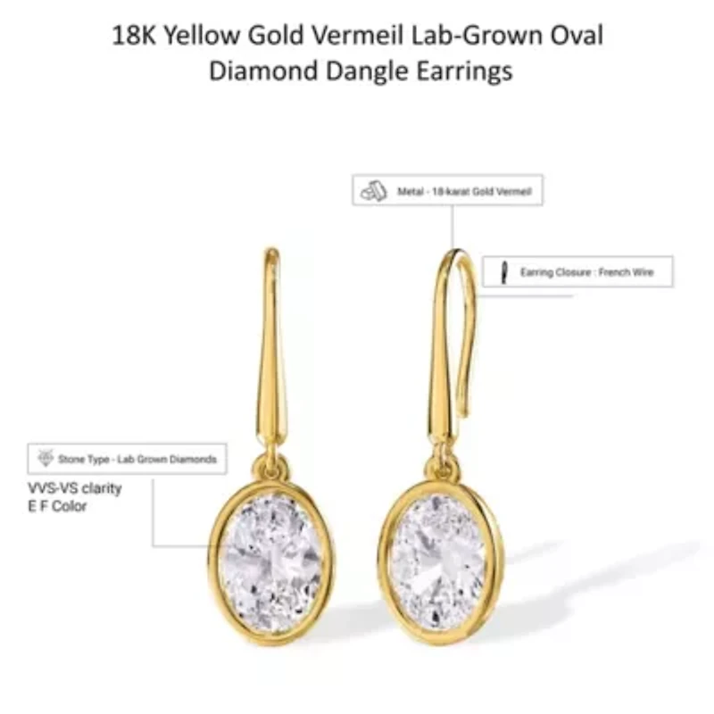 Lab Created 18k Vermeil Plated Silver 2.4 Ct Oval Cut Lab Grown Diamond Drop Dangle Earrings
