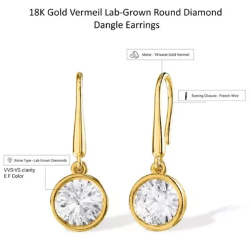 Lab Created 18k Vermeil Plated Silver 2 Ct Round Lab Grown Diamond Drop & Dangle Earrings