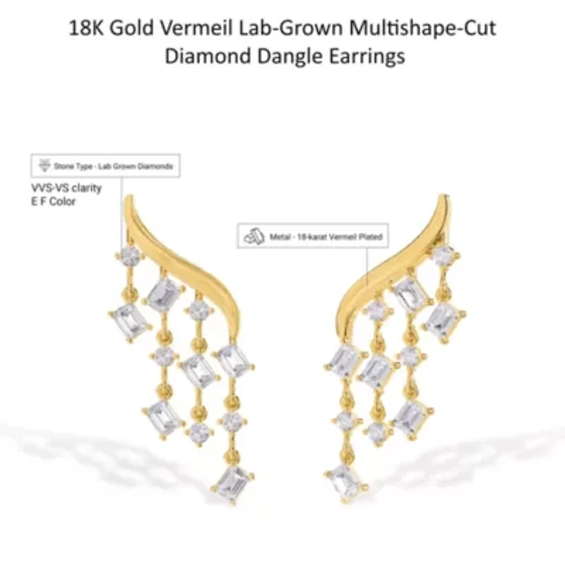 Lab Created 18k Vermeil Plated Silver 3.30 ct Multi Shape Lab Grown Diamond Drop Dangle Earrings
