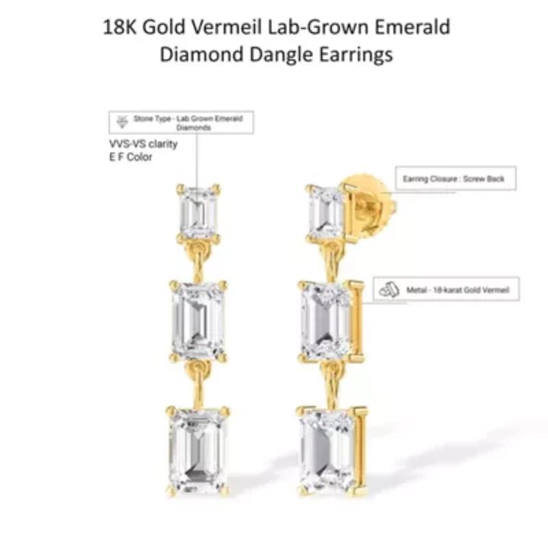 Lab Created 18k Yellow Gold Vermeil 4 Ct Emerald Cut Lab Grown Diamond Drop & Dangle Earrings