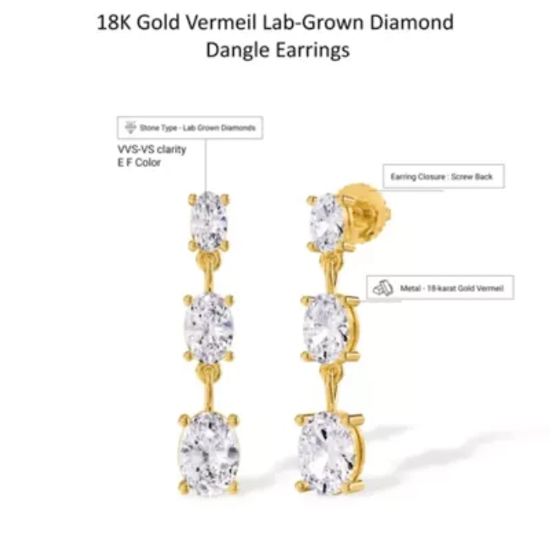 Lab Created 18k Vermeil Plated Silver 2.5 Ct Oval Cut Lab Grown Diamond Drop & Dangle Earrings