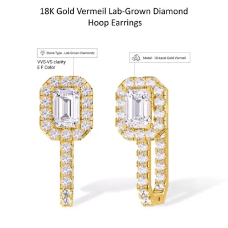 Lab Created 18k Vermeil Plated Silver 3.20 Ct Radiant Cut Lab Grown Diamond Hoop Earrings