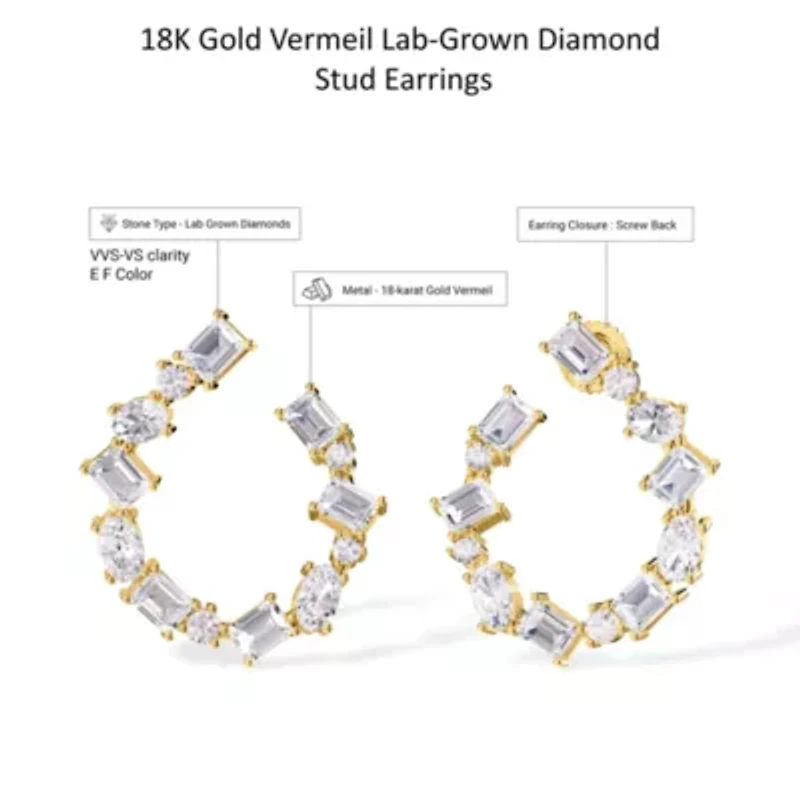 Lab Created 18k Vermeil Plated Silver4.30 Ct Lab Grown Diamond Fancy Stud Earrings