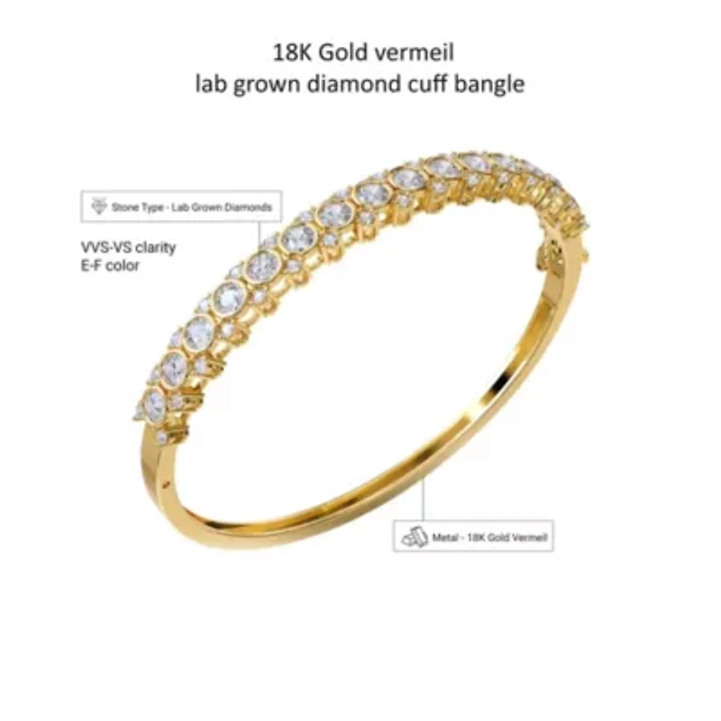 Lab Created 18k Vermeil Plated Silver 3.5 ct Round Lab Grown Diamond Bangle Bracelet 7"