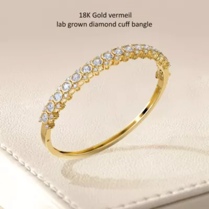 Lab Created 18k Vermeil Plated Silver 3.5 ct Round Lab Grown Diamond Bangle Bracelet 7"