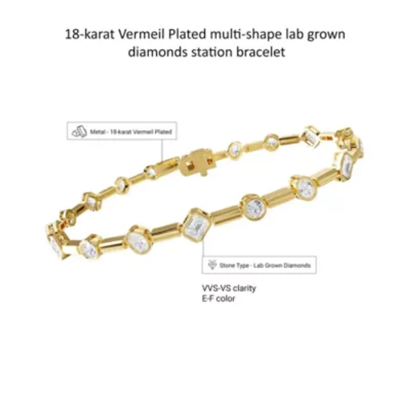 Lab Created 18k Vermeil Plated Silver 2.8 ct Multi Shape Lab Grown Diamond Bangle Bracelet 7"