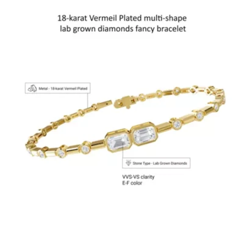 Lab Created 18k Vermeil Plated Silver 2.25 ct Radiant Cut Lab Grown Diamond Bangle Bracelet 7"