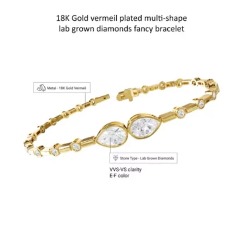 Lab Created 18k Vermeil Plated Silver 2.5 ct Pear Cut Lab Grown Diamond Bangle Bracelet 7"
