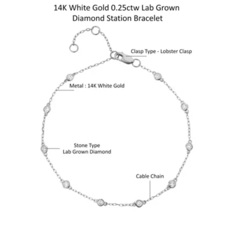 Lab Created 14K White Gold 0.25Ct Round Lab Grown Diamond Station Bracelet 7"