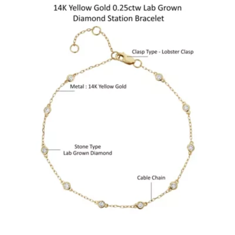 Lab Created 14K Yellow Gold 0.25Ct Round Lab Grown Diamond Station Bracelet 7"