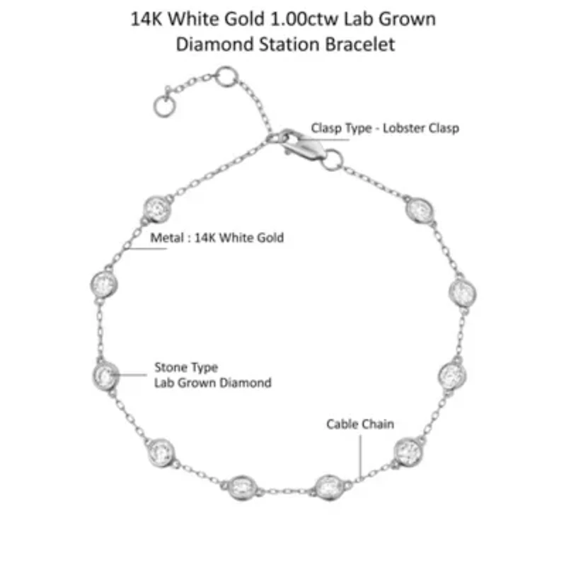 Lab Created 14K White Gold 1Ct Round Lab Grown Diamond Station Bracelet 7"