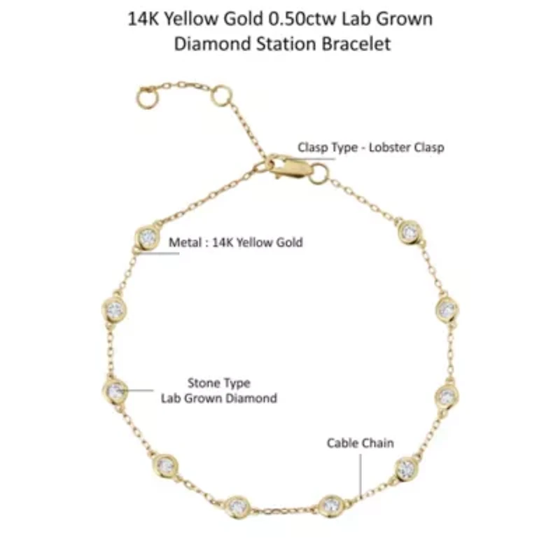 Lab Created 14K Yellow Gold 0.50Ct Round Lab Grown Diamond Station Bracelet 7"