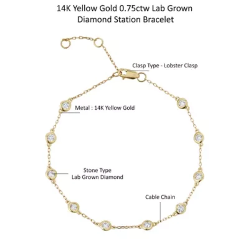 Lab Created 14K Yellow Gold 0.75Ct Round Lab Grown Diamond Station Bracelet 7"