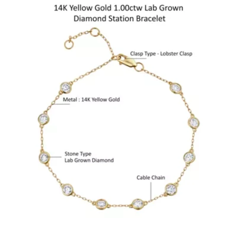 Lab Created 14K Yellow Gold 1Ct Round Lab Grown Diamond Station Bracelet 7"
